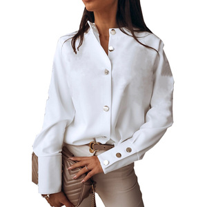 RNSHANGER dernières femmes élégantes <span class=keywords><strong>chemises</strong></span> à boutons décontracté couleur unie blanc noir col montant à manches longues <span class=keywords><strong>chemises</strong></span> pour femmes - Product Image 1