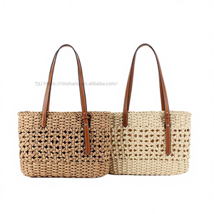 Sac de plage Tanjing haut de gamme français, de style occidental, grande capacité, fait main, avec fermeture éclair, en paille tressée, couleur unie, polyvalent et ajouré - Product Image 1
