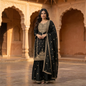 Conjunto de Traje Sharara de Seda Negra de Lujo con Bordado Zari Dorado, Estilo Bollywood, para Bodas Indias y Pakistaníes - Product Image 1