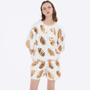 Stock Women Game Day Shirt Custom Tops <strong>Sequin</strong> Shirt Apparel <strong>Sequin</strong> Graphic Football Jersey Pattern Short Sleeve <strong>Two</strong> <strong>Piece</strong> <strong>Set</strong> - Product Image 1