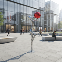 Sculpture humaine abstraite moderne en acier inoxydable poli miroir OEM/ODM, boule rouge, grande décoration artistique métallique d'extérieur personnalisée