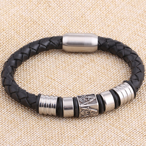 Trendy Vintage Stainless Steel Men's <b>Leather</b> Braided <b>Bracelet</b> Features Masonic Symbolism Religious Motif - Product Image 6