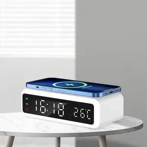 4 In 1 Side Table Night Light 15w Fast Charge Dual Alarm Clock Digital Temperature Wireless Charger