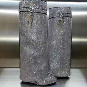 Full Diamonds Luxury Boots Soft Shiny Overlay Slip-on Wedge Heel <b>Shoes</b> Women's Metal Lock Knee High Boots - Product Image 1
