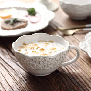 ชุดจานชามเซรามิควินเทจลายดอกเดซี่แบบนูน พร้อมหูจับสองข้าง สำหรับใส่ซุป ข้าว สลัด ผลไม้ เหมาะสำหรับชุดอาหารเย็น - Product Image 4