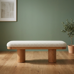 Modern Japandi Teak Accent <b>Bench</b> Boucle Fabric Entryway Stool Lowprofile Bedroom Footstool <b>Set</b> - Product Image 2
