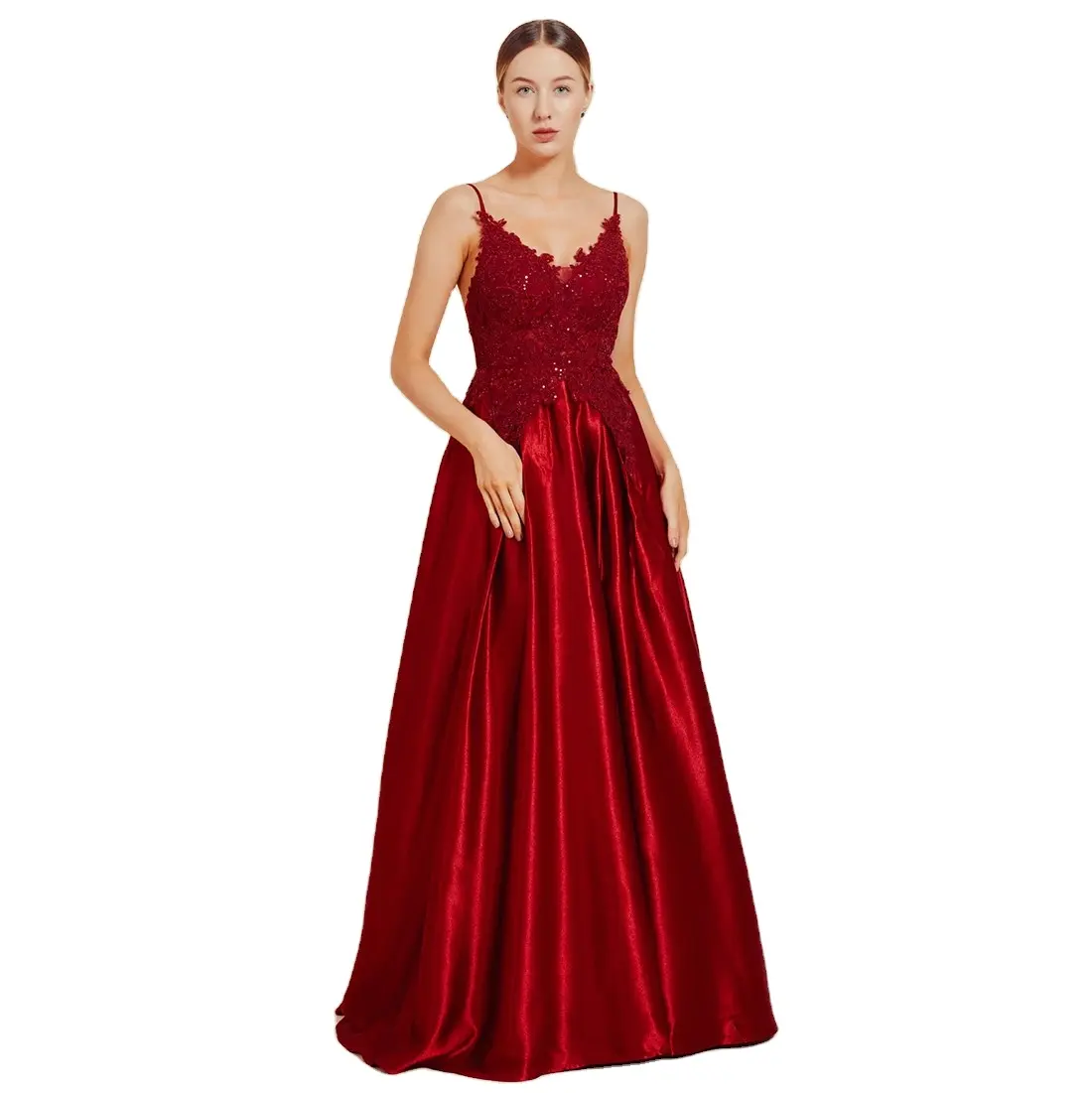Women Red Embroidery Lace Elegant Maxi Long Satin Gown Evening Dresses For Party Prom