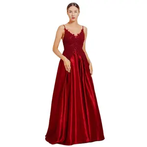 Wholesale Red Embroidery Lace Elegant Spaghetti Elegant Strap Dress Maxi Long Satin Gown Evening Party Dresses for Women