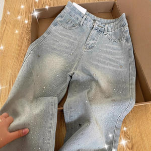Celana Jeans Wanita Biru Muda Model Lurus dengan Ritsleting Berhias Rhinestone, 100% Nilon, Desain Terbaru Musim Gugur 2025, Pinggang Tinggi, Efek Langsing, dan Lebar - Product Image 1