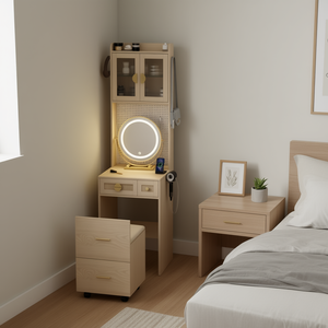 Tocador de Maquillaje Compacto de Esquina con Luces LED, Cajones de Almacenamiento y Taburete para Espacios Pequeños, Diseño Moderno - Product Image 2