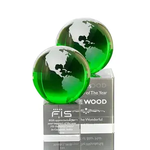 Wholesale Cheap Custom Green K9 Crystal Globe 3D Laser Engraved Cube Base Art Theme World Map Trophy Gift