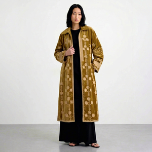 Bohemian Brown <b>Velvet</b> Suzani Long <b>Jacket</b> Embroidered With Floral Design Full Sleeve Winter Outerwear For <b>Women</b> - Product Image 1