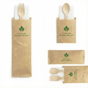 Ensemble de <span class=keywords><strong>couverts</strong></span> jetables en <span class=keywords><strong>bambou</strong></span> sans plastique avec emballage en papier kraft et serviette pour la livraison - Product Image 1