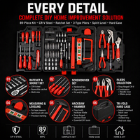 Kit d'outils de bricolage 89 pièces pour la maison avec jeu de douilles à cliquet, tournevis, pinces, clés Allen, clé à molette réglable, niveau et mallette de transport