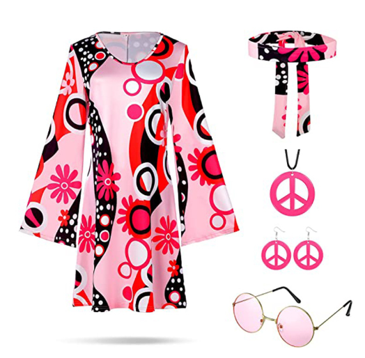 70s Women Hippie Disco Dress Costumes Necklace Earrings Glasses 60's 70's Peace Love Birthday 5pcs Outfits Dress