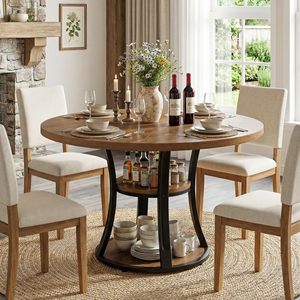 Table à manger ronde en bois SENYU avec pieds en métal, 6 places, style farmhouse, meubles pour la maison - Product Image 1