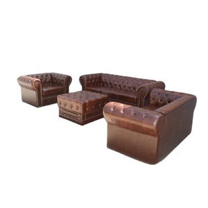 Divano in pelle classica di lusso antico marrone set mobili soggiorno - Product Image 6