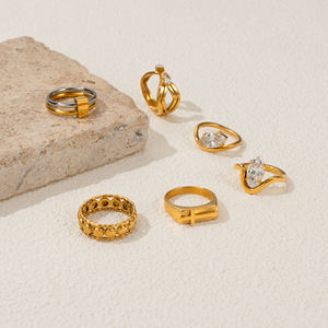 Новинка, розовые циркониевые кольца в стиле бохо, с волнистой линией, в день, милый набор колец, 2025 жаркое лето, 18k PVD Позолоченные ювелирные изделия из нержавеющей стали - Product Image 6