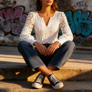 Blusa Casual de Oficina para Mujer, Elegante, con Mangas de Encaje Blanco, Talla Grande, Cuello en V, Corta, con Botones, Transpirable y Ligera - Product Image 4