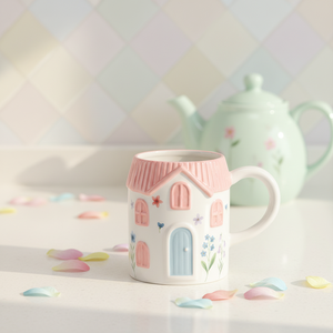 Affascinante Tazza in Ceramica a Forma di Casa con Tetto Rosa, Porta Blu e Decorazioni Floreali, Regalo Tematico per la Casa - Product Image 5