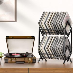 رف تخزين أسطوانات الفينيل ذو طبقتين مع فواصل، يتسع لـ 200 ألبوم، رف عرض وتنظيم للأسطوانات الموسيقية من الفولاذ - Product Image 6