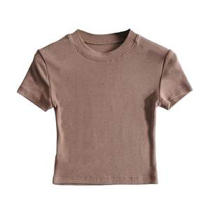 Camiseta de manga corta para mujer, camiseta sólida ajustada con cuello redondo, Camiseta básica ajustada acanalada, camiseta informal de entrenamiento para Yoga - Product Image 5
