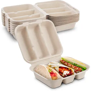 Gran oferta, plato de Taco de 3 compartimentos, bandeja de comida de bagazo de caña de azúcar con tapa, caja de embalaje de Taco compostable