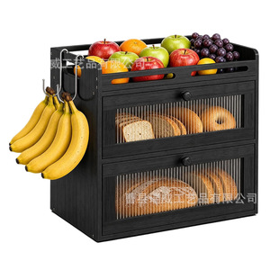 Boîte à pain en bambou, étagère de rangement multi-niveaux avec panier à fruits et crochet à bananes pour la cuisine - Product Image 5