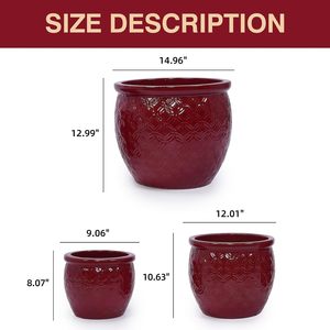กระถางเซรามิก Mdj Pottery ขนาด 9 12 15 นิ้ว สีแดงเคลือบผิวแบบมีลาย รูปทรงกลอง สำหรับปลูกต้นไม้ในสวน - Product Image 2