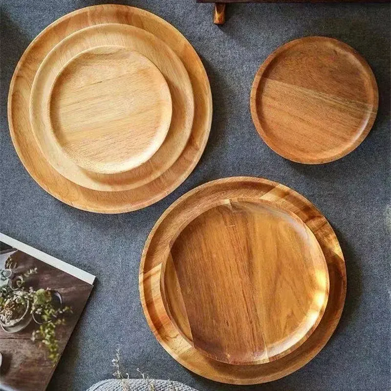 Naturliches ganzes Holz Liebeskrankheit Holz rund handgefertigt Akazienplatte rund Sushi-Dish Dessert Obst Brot-Dishes Suppen-Geschirr-Set