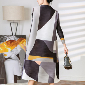 Ready to Ship Artistic Geometric Block Print Mock Neck High <strong>Elastic</strong> Miyake Pleated <strong>Dress</strong> - Product Image 2