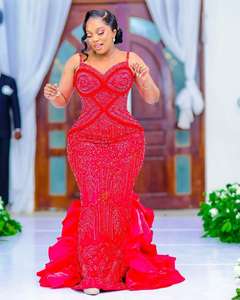 Precioso <span class=keywords><strong>vestido</strong></span> de fiesta <span class=keywords><strong>rojo</strong></span> apliques rebordear vestidos de noche trompeta Aso Ebi plisado sirena vestidos formales con cuentas sin mangas - Product Image 2