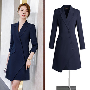 Women's Grey Suit Dress Notched Collar Pleated Waistline Anti-Wrinkle Career Dress For Office And Daily Wear - Product Image 3