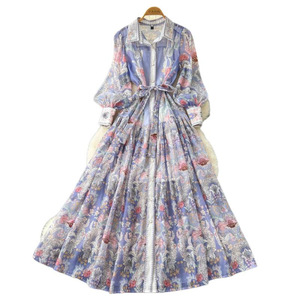Vestido Elegante Estilo Francés con Estampado Floral, Vestido Largo de Manga Larga con Cintura Ajustable con Cordones, Estilo Coreano para Mujer, para Primavera - Product Image 5