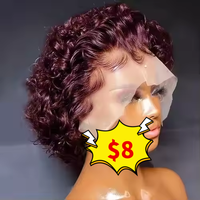 Letsfly Perruque Courte Elfe Pas Chère 13x1 Lace Front T-Part Coupe Elfe Cheveux Humains Bob 180% Densité Perruque Cheveux Bouclés Elfe
