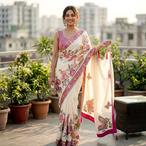 Sari long en chinon crème de qualité supérieure pour femme, broderie florale rose, motif papillon, tenue traditionnelle indienne pour mariage, séchage rapide - Product Image 1