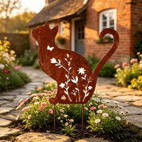 Piquets de jardin vintage en métal rouillé en forme de chat avec découpes florales, sculpture en métal rouillé pour la décoration de jardin et de patio