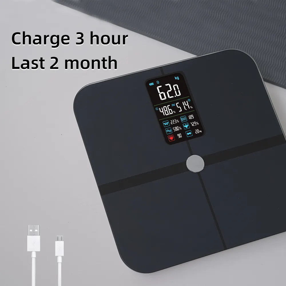 Grand écran VA Échelle de graisse corporelle intelligente Mode bébé Ito Moniteur numérique de fréquence cardiaque Application de charge USB Nouvelle salle de bain WiFi Composition corporelle