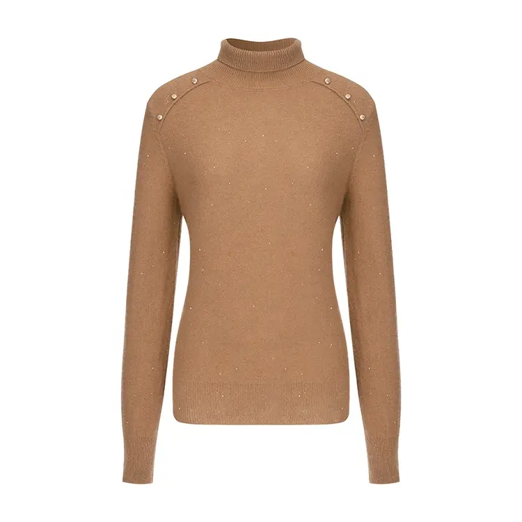 Knitwear manufacturers custom winter brown long sleeve sequin cashmere blend casual turtle neck women sweater knit sweater