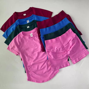 Setelan Olahraga Wanita 2 Potong, Atasan Crop Top Lengan Pendek Model Longline, Celana Pendek Olahraga Pinggang Tinggi, Baju Fitness, Setelan Yoga - Product Image 2