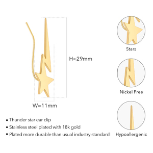 Original Design 18K Gold Plated Stainless Steel Jewelry <strong>Piercing</strong> Lightning Thunder Star <strong>Ear</strong> Clip For Women Gift Earrings E221478