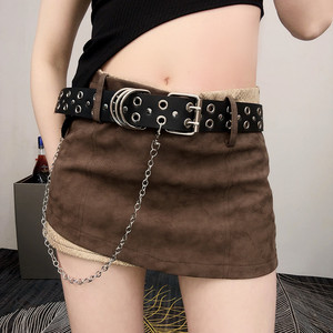 Sabuk Kulit PU Punk Wanita dengan Lubang Ganda dan Rantai Logam, Gesper Paduan Logam Berhias Stud, Sabuk Pinggang Dekoratif - Product Image 1
