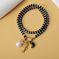 Collier en perles de pierre noire en gros avec breloques perle et hippocampe, bijoux vintage pour femmes
