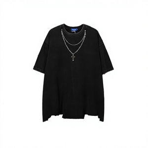 230g Cotton <b>Polyester</b> Blend Crew Neck Cross Chain Blank Design Breathable Durable Oversize Ripped Hem <b>Tshirt</b> for Spring Summer - Product Image 4
