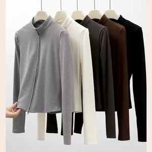 China High Quality <strong>Lady</strong> Long Sleeve Sweater Daily Wear Tshirt Slim <strong>Fit</strong> Casual Top Plain 2 Way Zip Work Out Elastane <strong>Basic</strong> Tshirt - Product Image 1