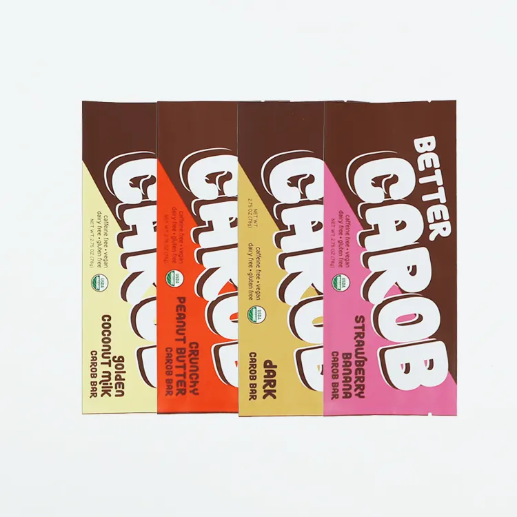 Bolsa de barra de chocolate de plástico con sellado térmico impreso personalizado, envoltorio de barra de caramelo de proteína de granola de grado alimenticio