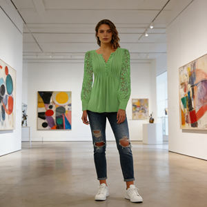 Haut décontracté pour femme en dentelle vert menthe clair, manches en dentelle, crocheté, respirant, élégant, col en V, boutonné devant, pour tous les jours et les fêtes - Product Image 5