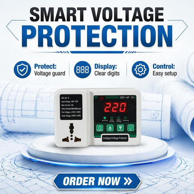 Intelligent Voltage Protector Plug with Digital LED Display 15A Adjustable Over Under Voltage Guard for Fridge TV Home