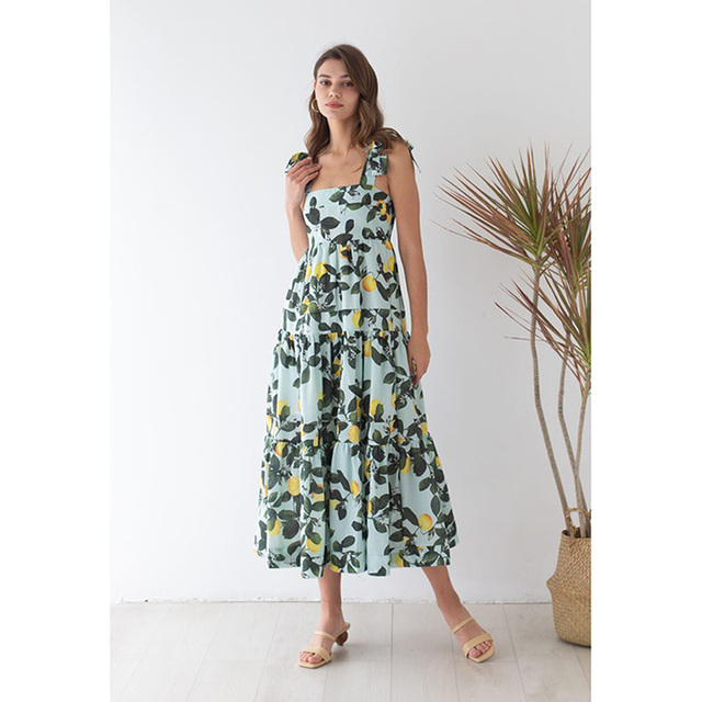 Women's Chiffon Floor-Length A-Line Dress Spring Summer Elegant Fashionable Floral Versatile Retro Lemon Print Green Camisole