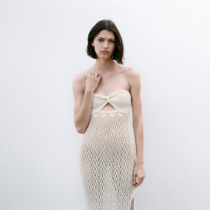 เดรสแฟชั่นดีไซน์ใหม่ ผ้าฝ้าย 100% เซ็กซี่ ผ่าข้าง เดรสเว้าลายฉลุ เดรสผ้าตาข่ายถักลายแจ็คการ์ด - Product Image 1